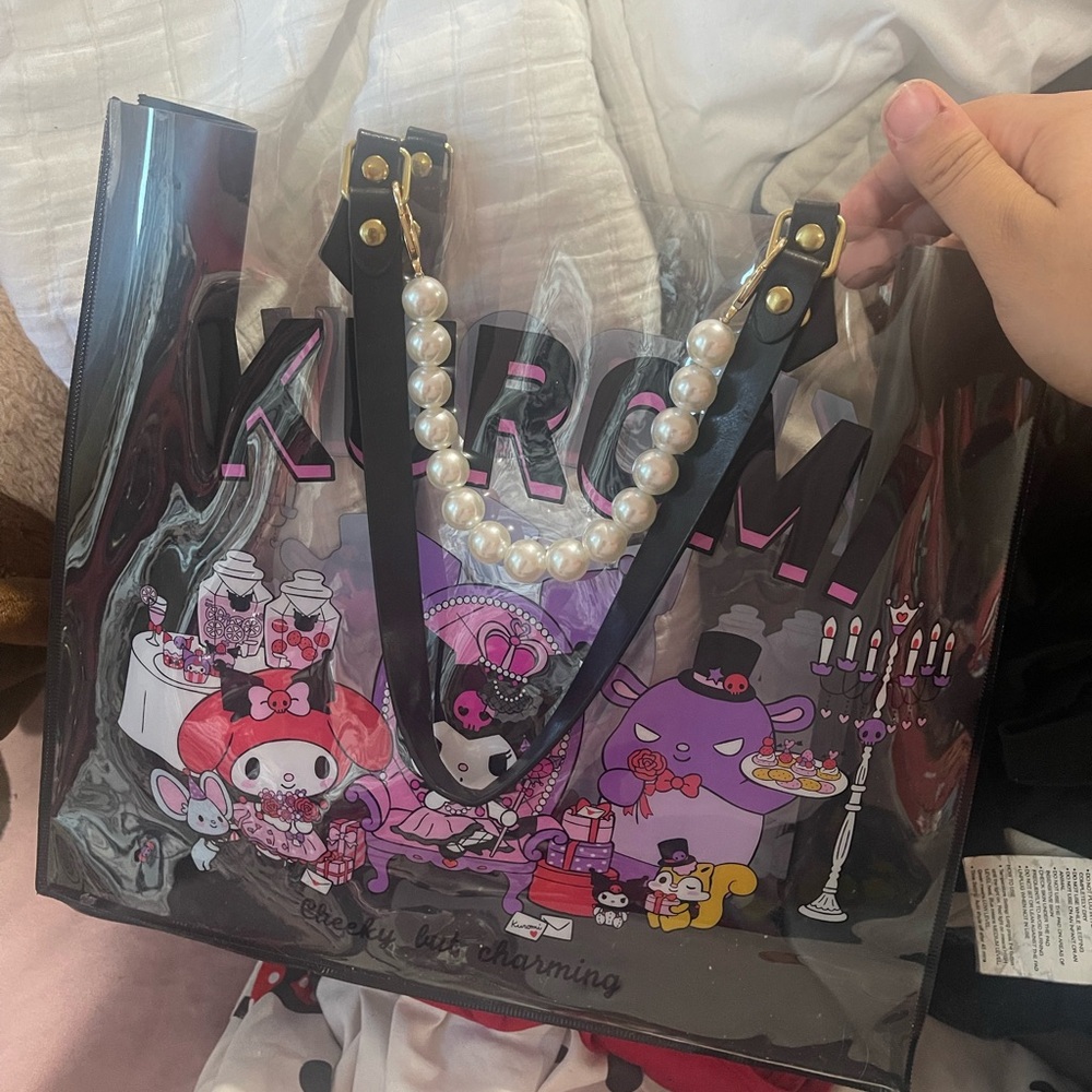 Sanrio Black Clear Tote with Pearl Handle and Character Print